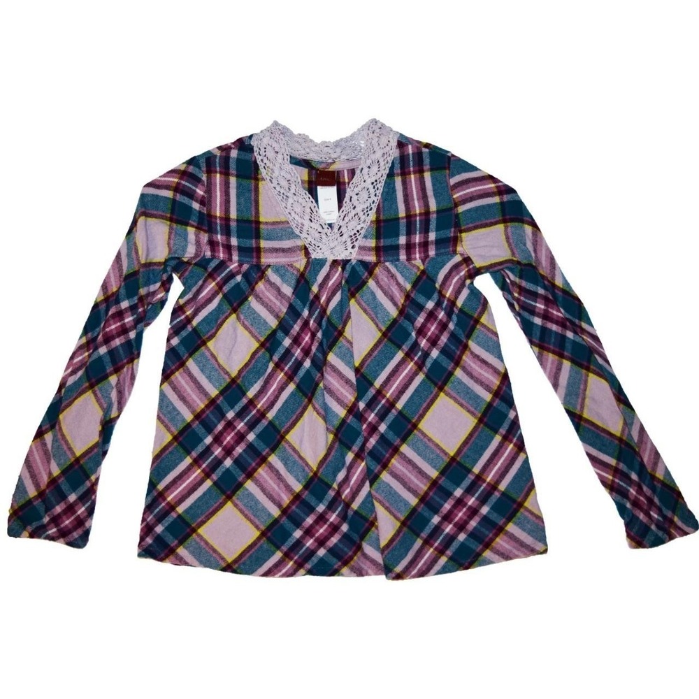 Tea Girls Flannel Shirt Size Small 6  Purple Blue Tartan Plaid w Lace LS Shirt